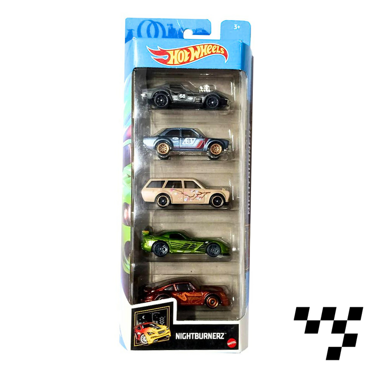 Hot Wheels- NIGHTBURNERZ - 5 Diecast Free Wheel Toy Car Pack of 5-Multicolor