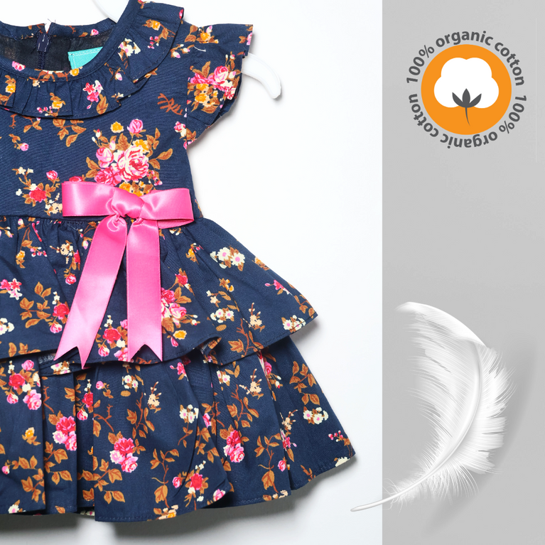 Ninos- Cotton Woven Half Puffed Sleeves Frock with Floral Print & Bow Applique