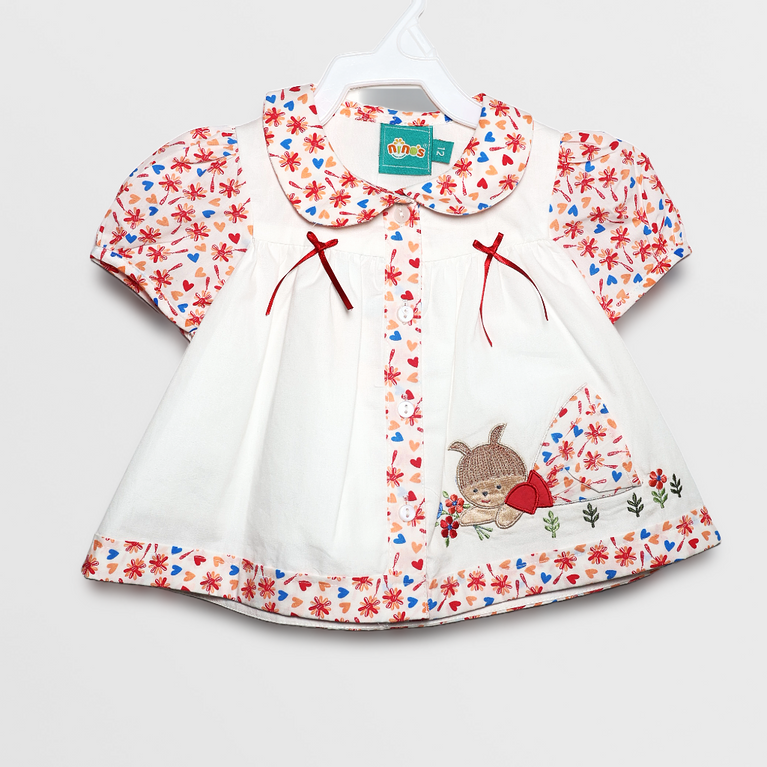 Ninos- Cotton Woven Half Puffed Sleeves Frock with Floral Print & Cartoon Applique