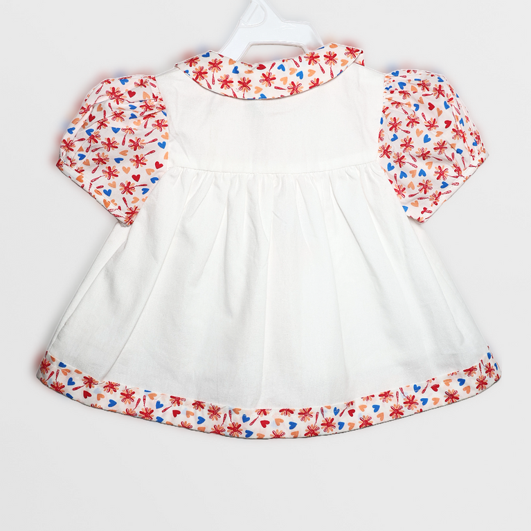 Ninos- Cotton Woven Half Puffed Sleeves Frock with Floral Print & Cartoon Applique
