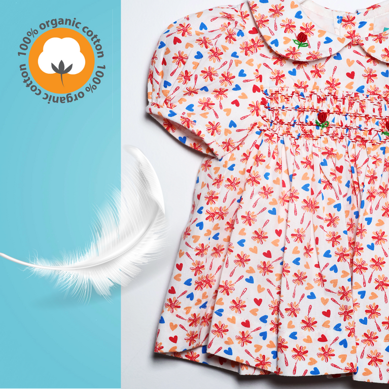 Ninos- Cotton Woven Half Puffed Sleeves Ruffle Frock with Floral Print