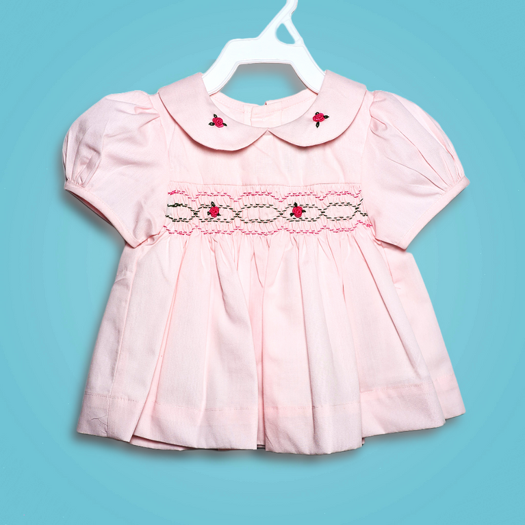 Ninos- Cotton Woven Half Puffed Sleeves Ruffle Frock with Rose Applique