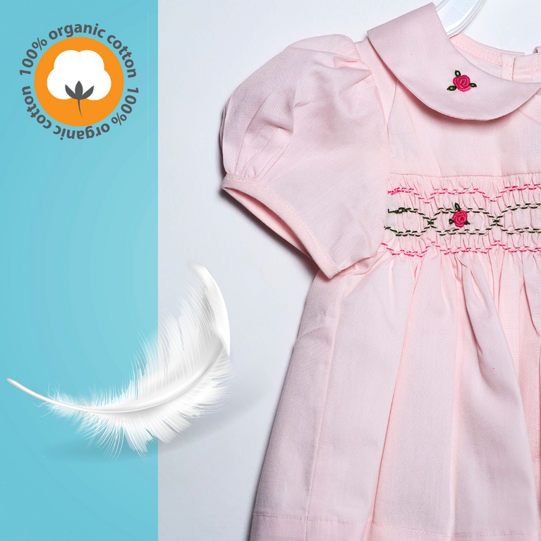 Ninos- Cotton Woven Half Puffed Sleeves Ruffle Frock with Rose Applique
