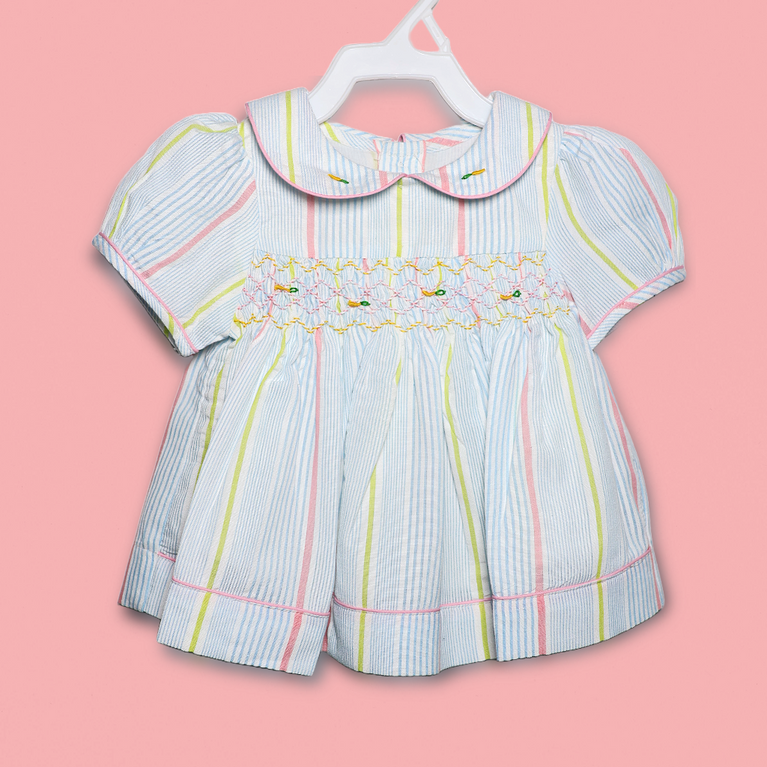 Ninos- Cotton Woven Half Puffed Sleeves Frock with Striped line Print