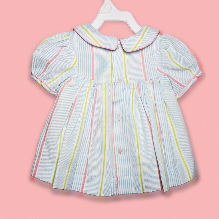 Ninos- Cotton Woven Half Puffed Sleeves Frock with Striped line Print