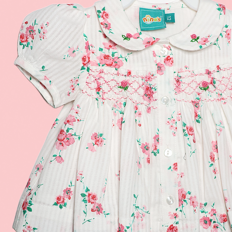 Ninos- Cotton Woven Half Puffed Sleeves Frock with Floral Print