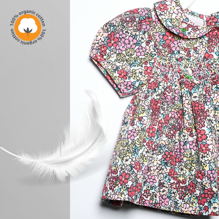 Ninos- Cotton Woven Half Puffed Sleeves Frock with Floral Print