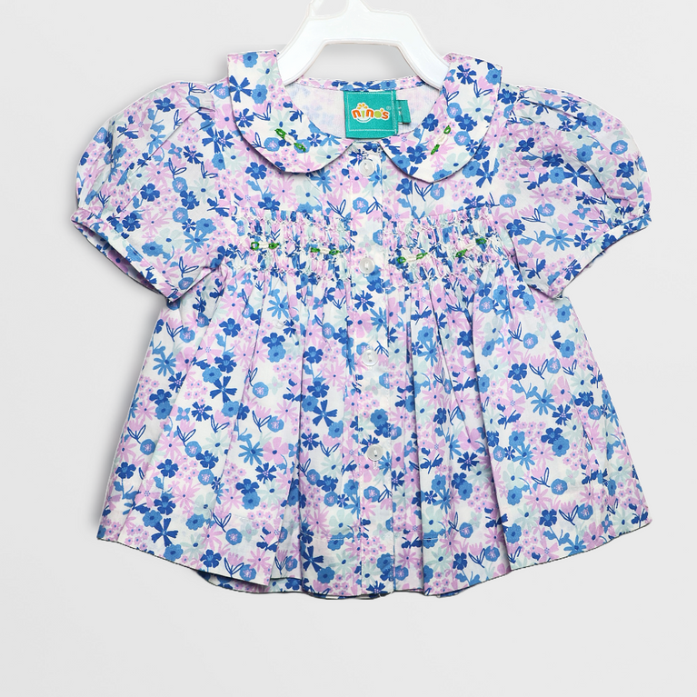Ninos- Cotton Woven Half Puffed Sleeves Frock with Floral Print