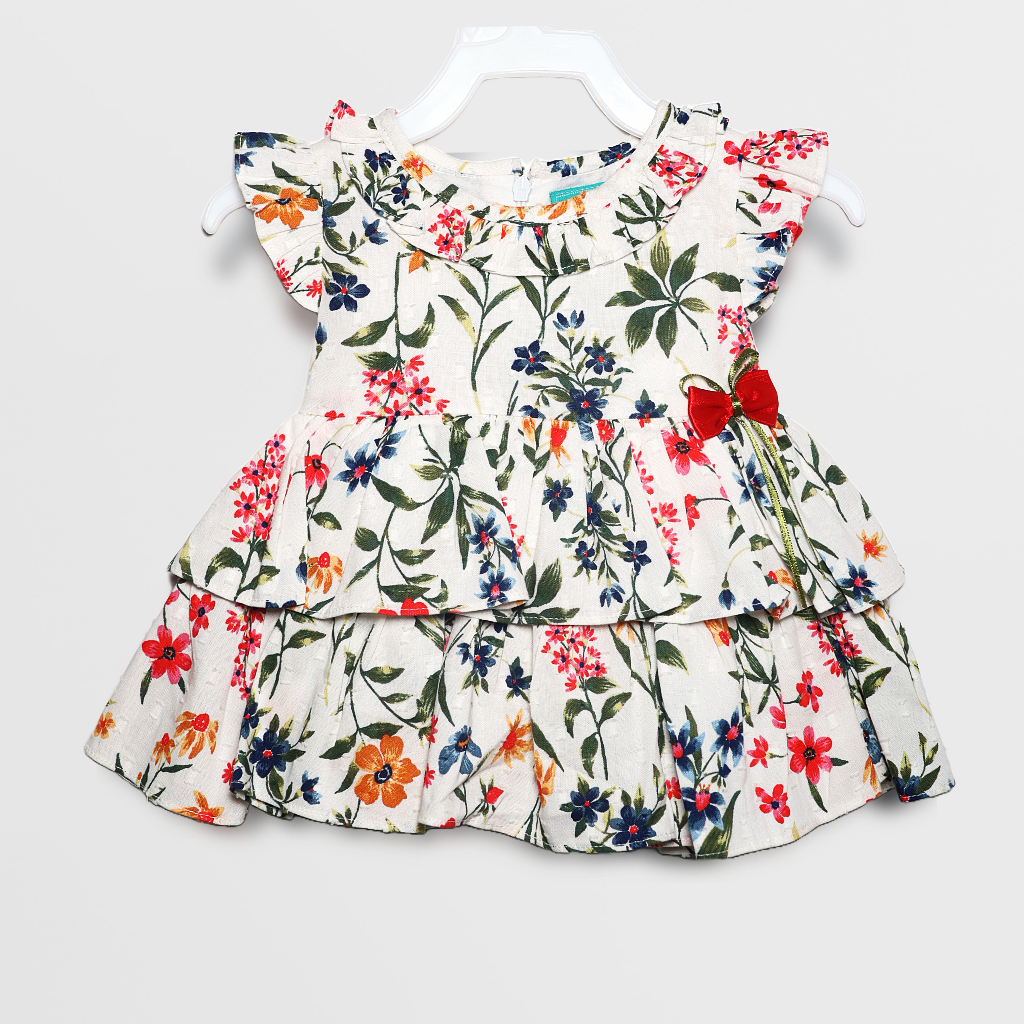 Ninos- Cotton Woven Half Puffed Sleeves Frock with Floral Print & Bow Applique