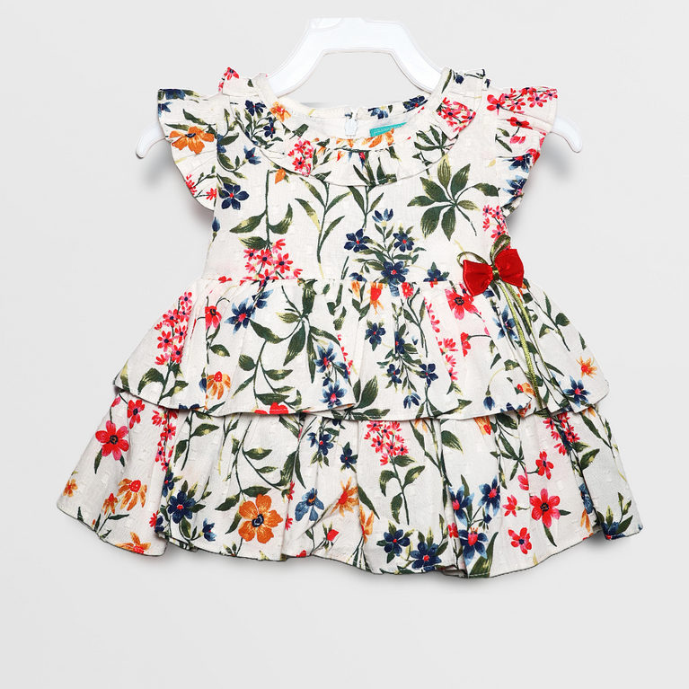 Ninos- Cotton Woven Half Puffed Sleeves Frock with Floral Print & Bow Applique