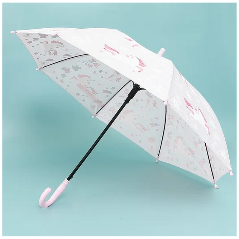 Ninos- Magical Unicorn Kids Umbrella – Pastel Pink with Floral & Pony Print (Ages 3–8)