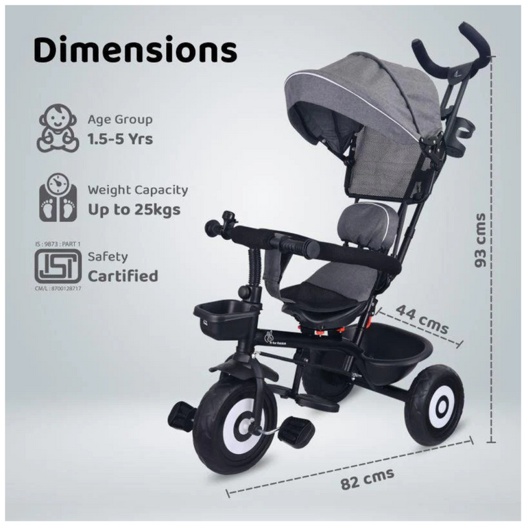 R for Rabbit T40 Ace Tricycle - 360 Rotatable Seat, Adjustable Canopy, Parental Control, Front & Rear Baskets