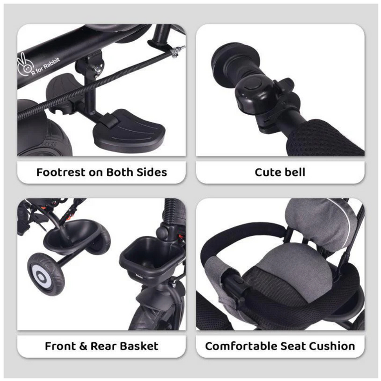 R for Rabbit T40 Ace Tricycle - 360 Rotatable Seat, Adjustable Canopy, Parental Control, Front & Rear Baskets