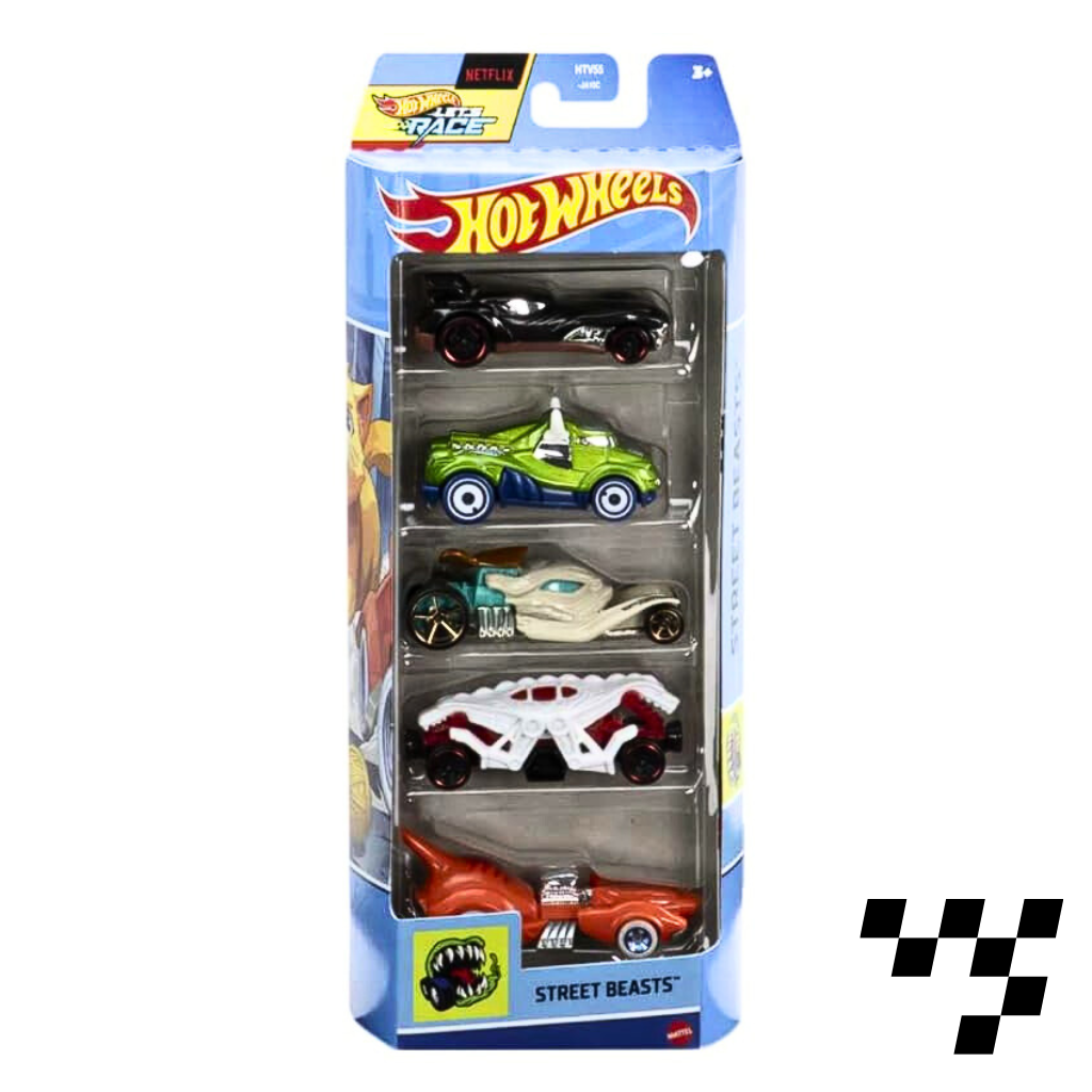 Hot Wheels- STREET BEASTS - 5 Diecast Free Wheel Toy Car Pack of 5-Multicolor