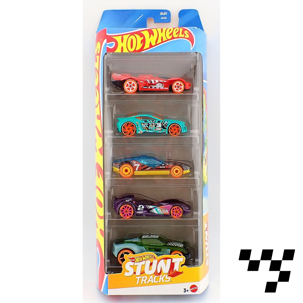 Hot Wheels- STUNT TRACKS - 5 Diecast Free Wheel Toy Car Pack of 5-Multicolor