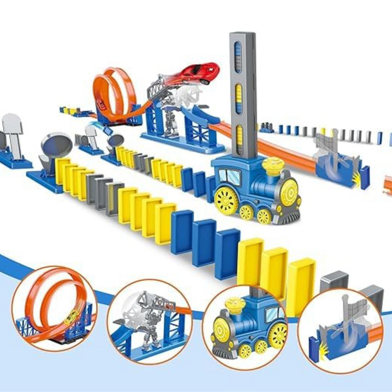 Ninos 120 Pcs Dominoes Train Racing Theme, Dominoes Blocks 360° Race Circuit with Toy Car, Educational Game for Kids 5+ Years