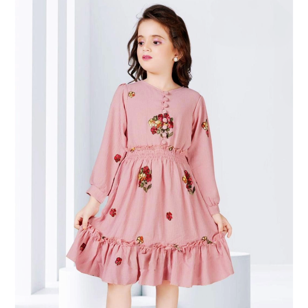 Ninos Girls Floral Embroidered Tie-Up Neck Pure Cotton Fit and Flare Dress