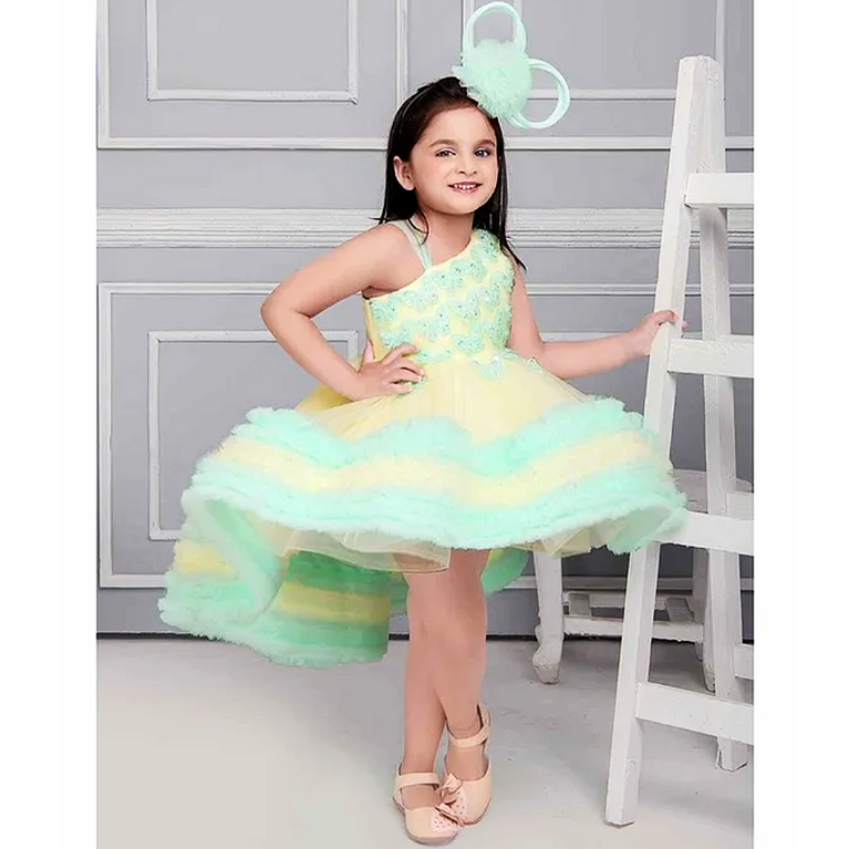 Girls Ruffled Net A-Line Sleeveless Butterfly Embellishments Midi Dress