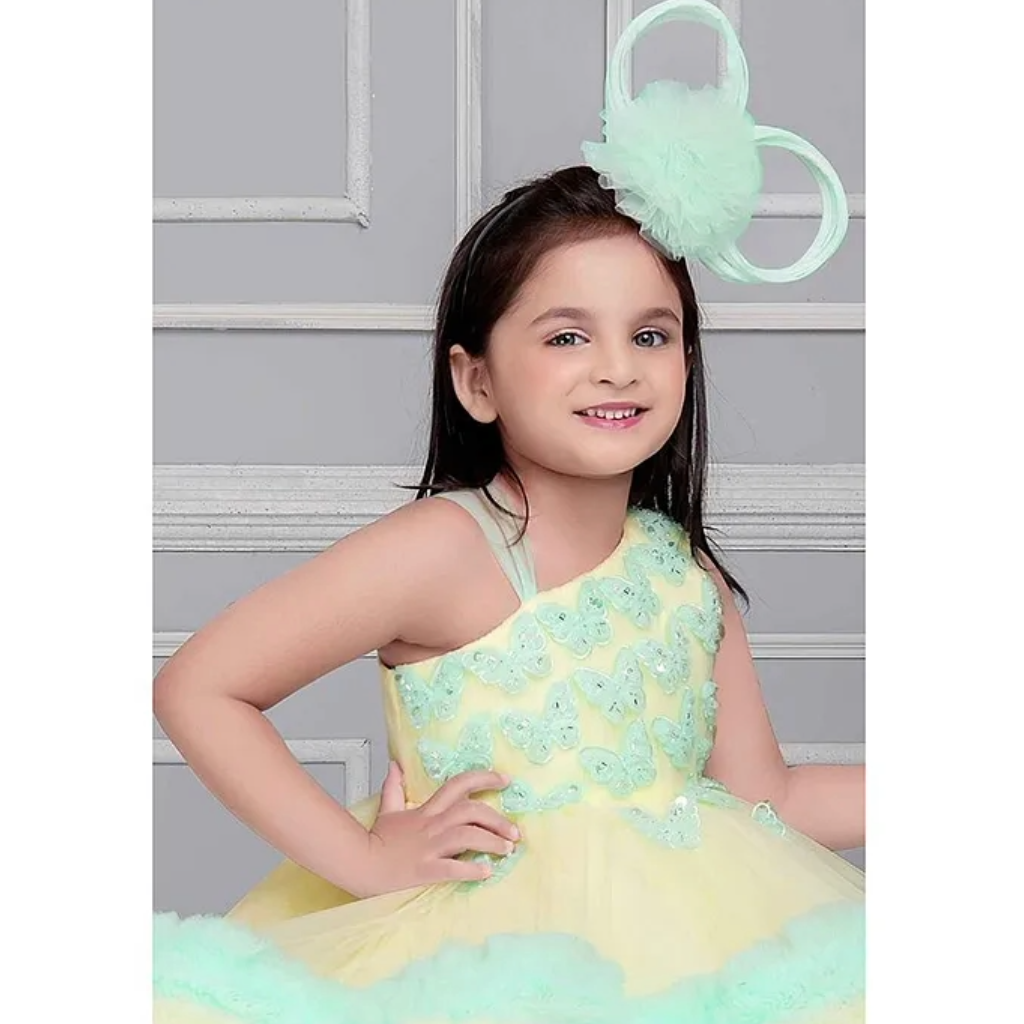 Girls Ruffled Net A-Line Sleeveless Butterfly Embellishments Midi Dress