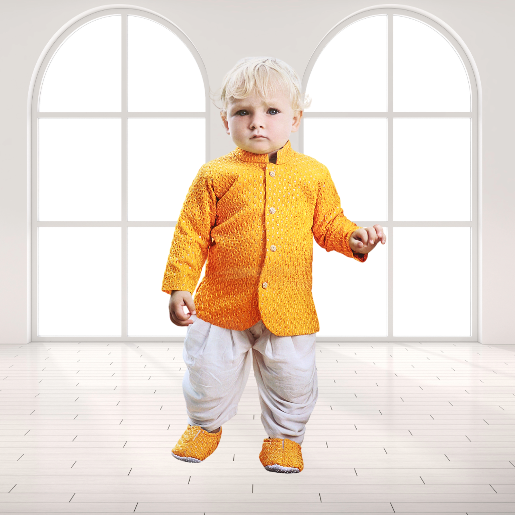 NINO'S - Full Sleeves Kurta Embroidered work With Coordinating Dhoti Set - Mustard Color