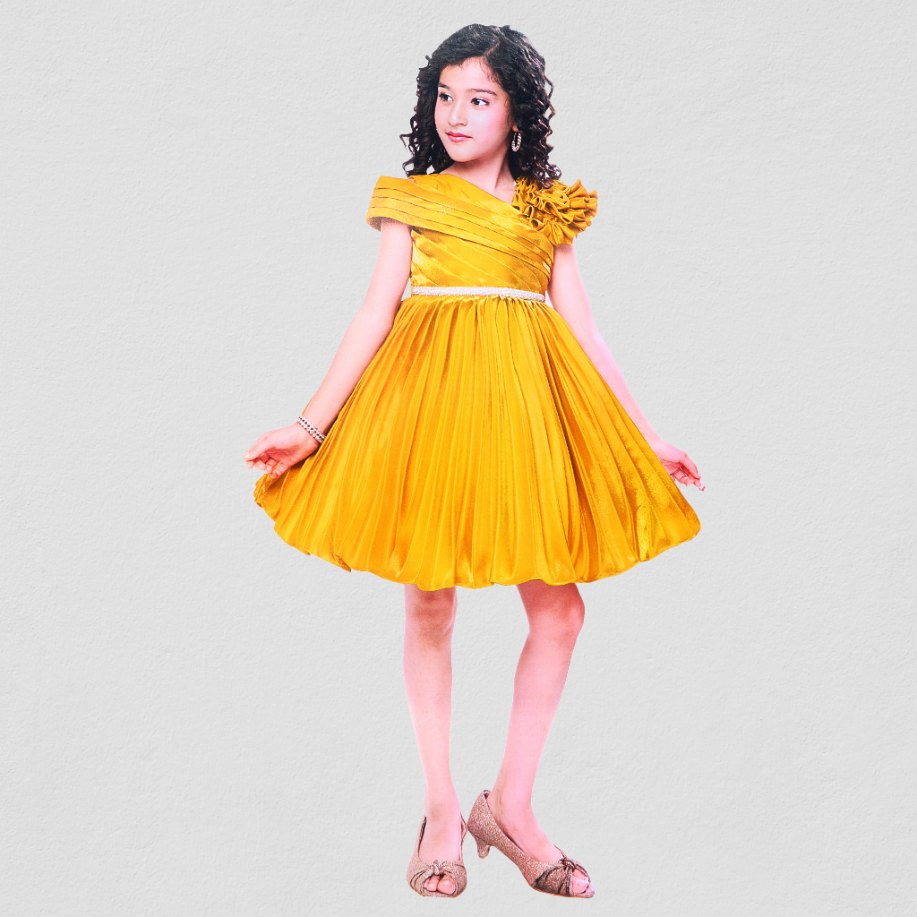 Panicky-Golden Embellished With Floral And Stripe design Party Frock For Girls