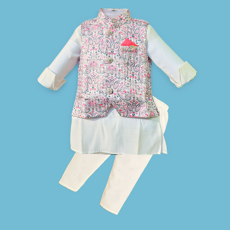 Boys Full Sleeves Kurta & Pajama Set with Waist Coat