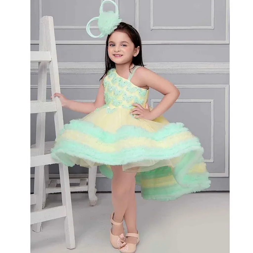 Girls Ruffled Net A-Line Sleeveless Butterfly Embellishments Midi Dress