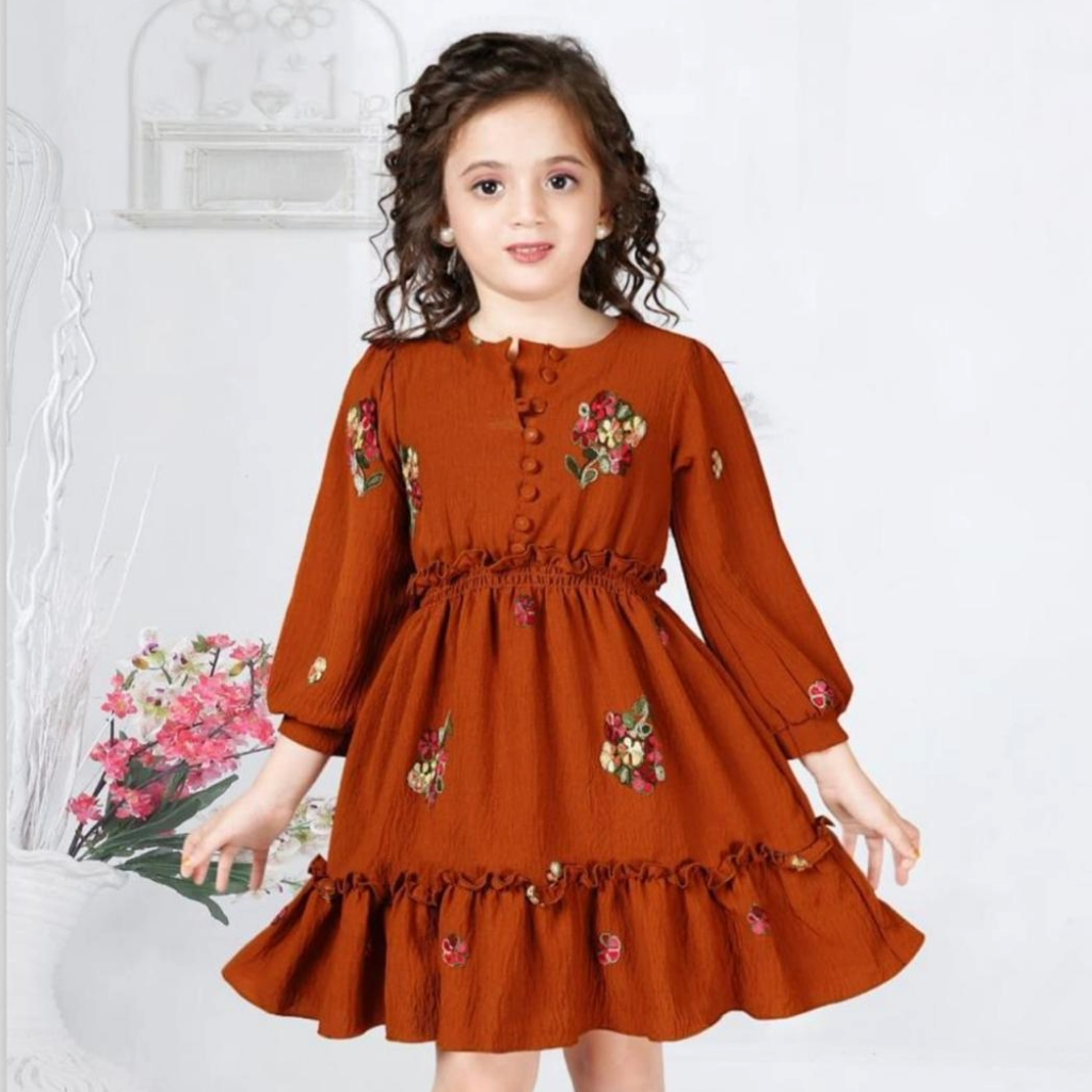 Ninos Girls Floral Embroidered Tie-Up Neck Pure Cotton Fit and Flare Dress