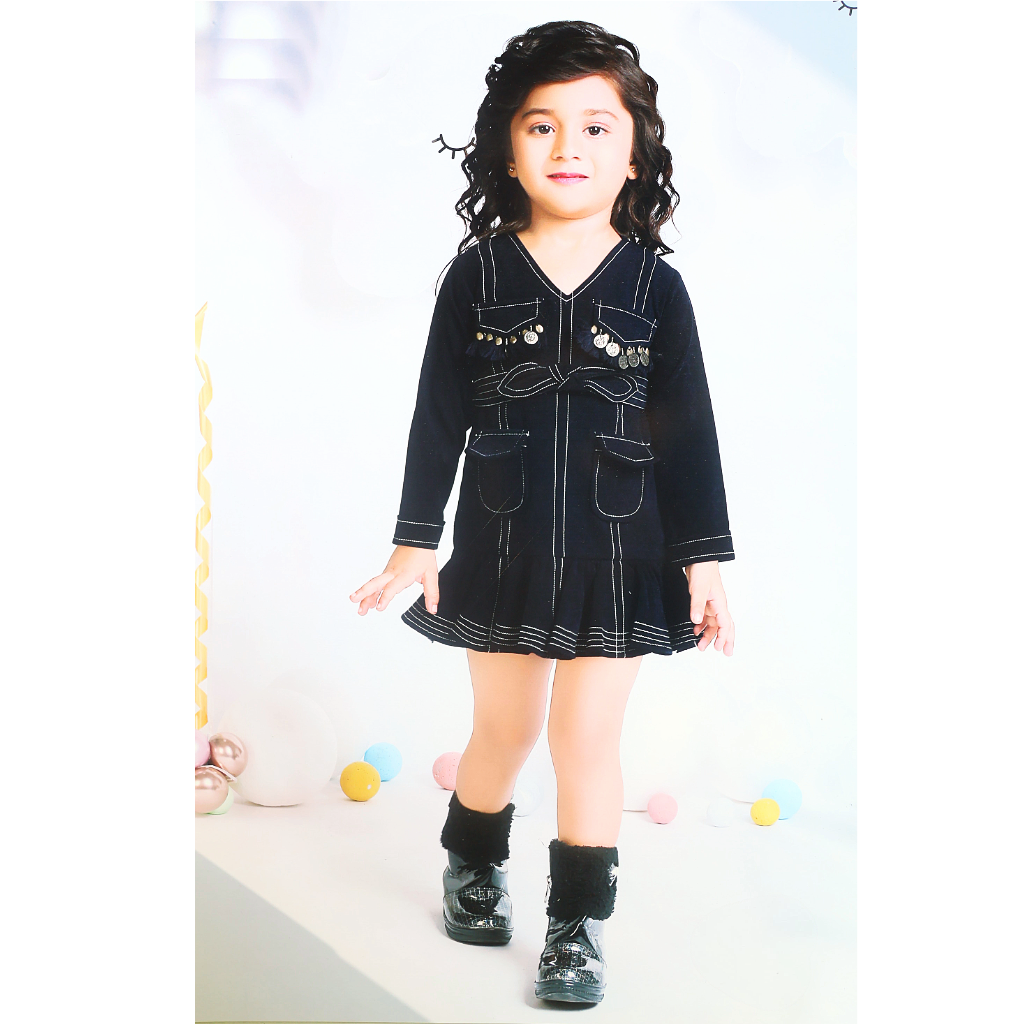 Ninos Girls full sleeves V-Neck Multi Pocket Fit and Flare Dress