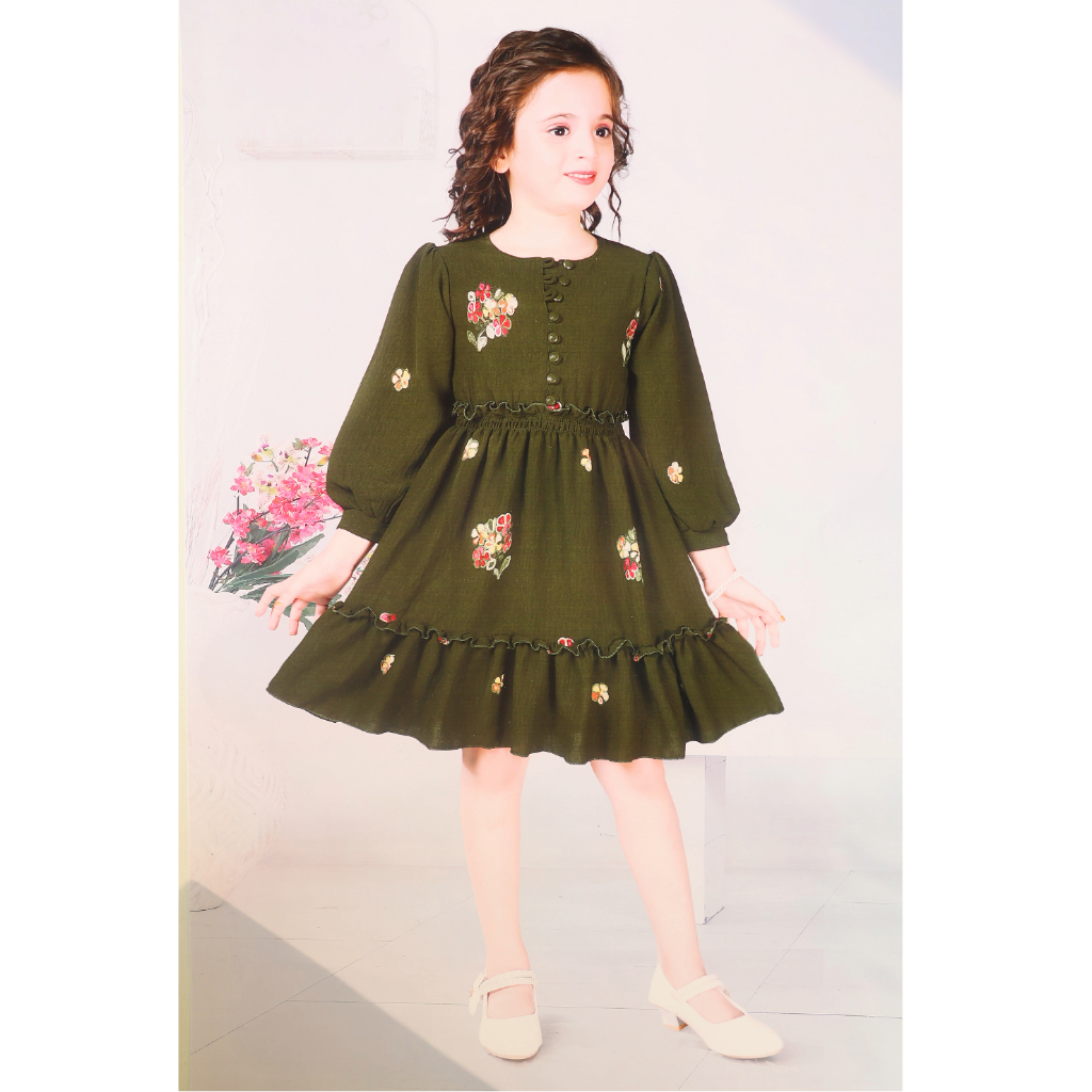 Ninos Girls Floral Embroidered Tie-Up Neck Pure Cotton Fit and Flare Dress
