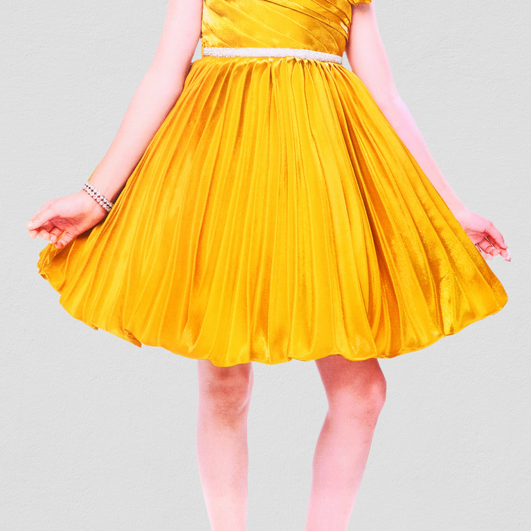 Panicky-Golden Embellished With Floral And Stripe design Party Frock For Girls