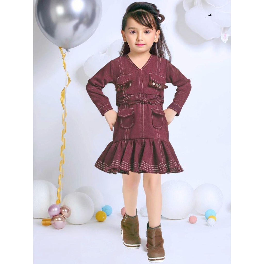 Ninos Girls full sleeves V-Neck Multi Pocket Fit and Flare Dress