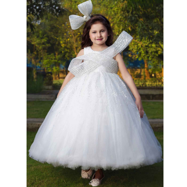 PLUM - White Sequin Ball Gown With Crossover Bow For Girls