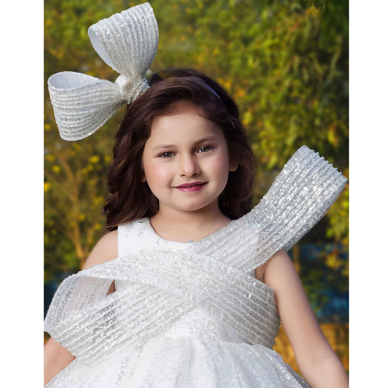 PLUM - White Sequin Ball Gown With Crossover Bow For Girls