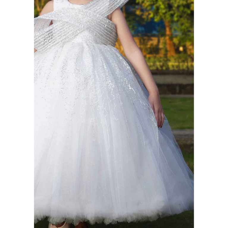 PLUM - White Sequin Ball Gown With Crossover Bow For Girls