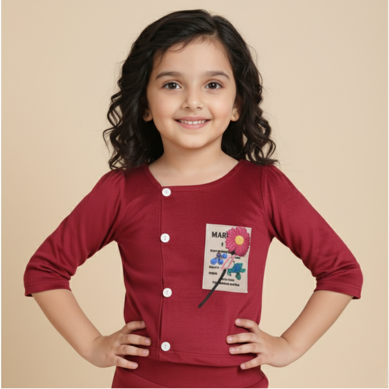 Iris Castle- Girls Maroon Solid Cropped Top with Wide-Leg Palazzo/Culottes Co-ord Set