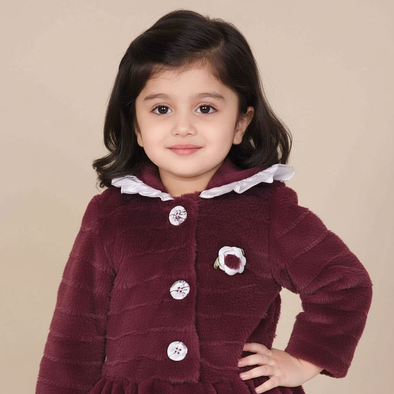 Kittens-Girls Deep Maroon Faux Fur Hooded Coat with Flower Appliqués