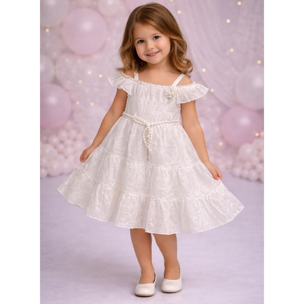 Toddler Girls' Ruffled Party frock – Cold-Shoulder Tiered Dress with Pearl Belt & Rhinestone Brooch