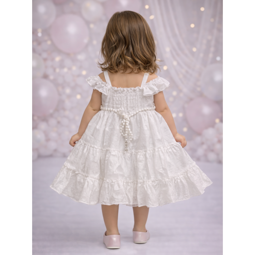 Toddler Girls' Ruffled Party frock – Cold-Shoulder Tiered Dress with Pearl Belt & Rhinestone Brooch