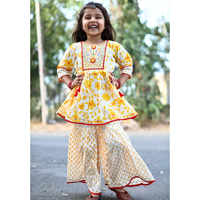 Girls Floral Printed Gotta Patti Pure Cotton Kurta with Sharara Set