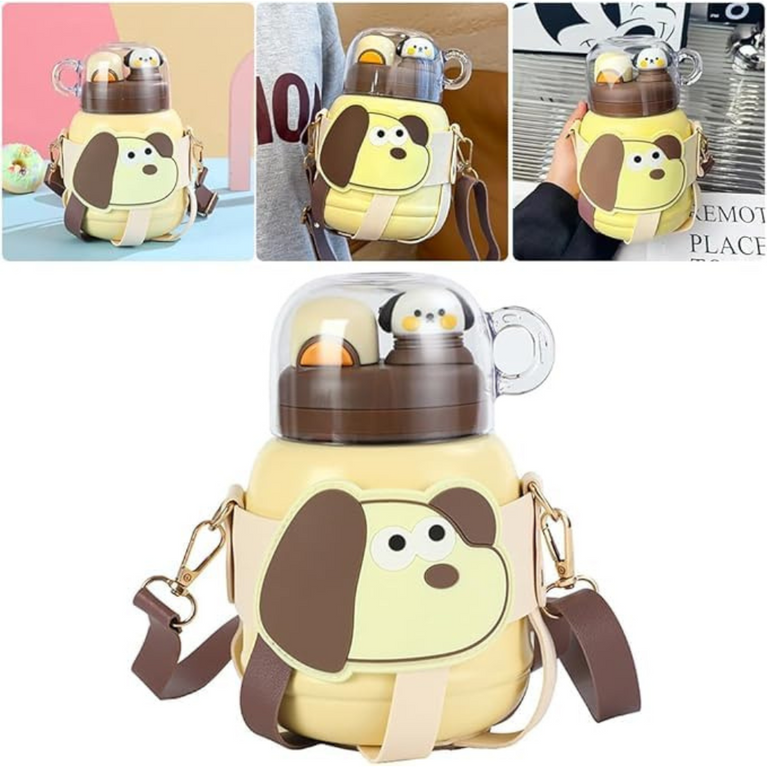 Ninos Kids Insulated Stainless Steel Water Bottle With Spout Lid Straw and Shoulder Strap-900ml