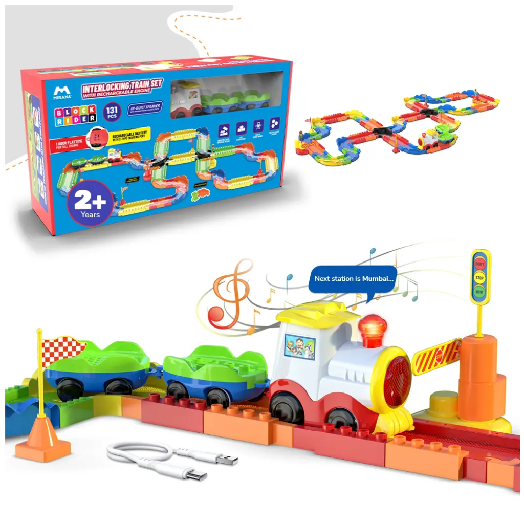 Mirana Interlocking Colorful Track Block Rider Toy Train Set With Colorful & Multiple Track Layout, Various Train Sounds and Station Announcement