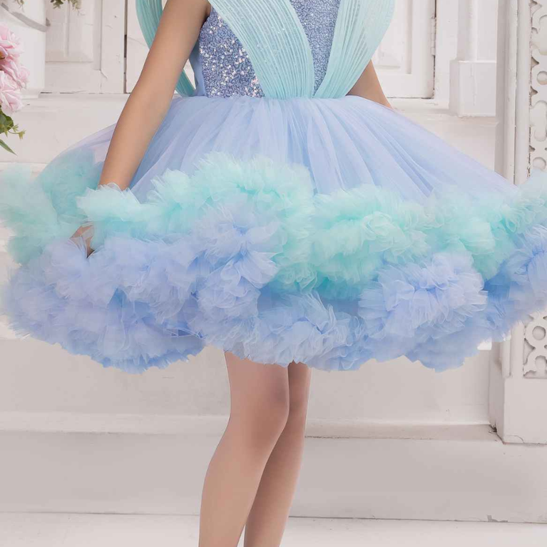 Blue Ruffle Party Frock with Sparkle Sequins Embellishment For Girls
