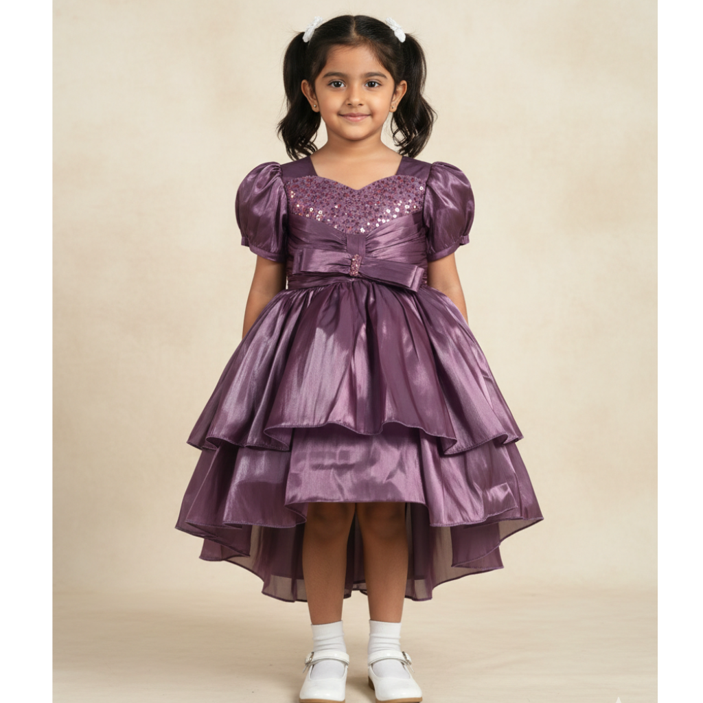 Girls' Mauve Satin High-Low Party Dress with Sequined Bodice and Tiered Ruffle Skirt