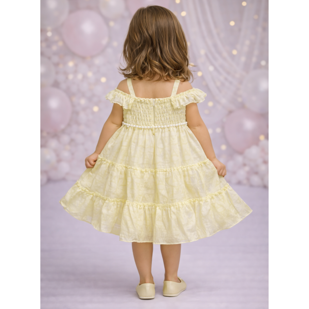 Toddler Girls' Ruffled Party frock – Cold-Shoulder Tiered Dress with Pearl Belt & Rhinestone Brooch