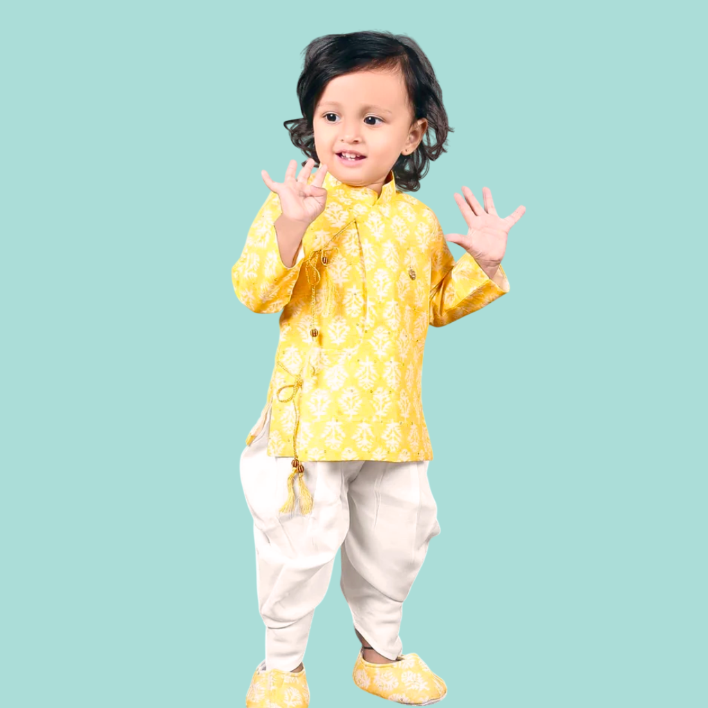 Yellow Full Sleeves Bandhani Printed dhoti Kurta Set For Boys