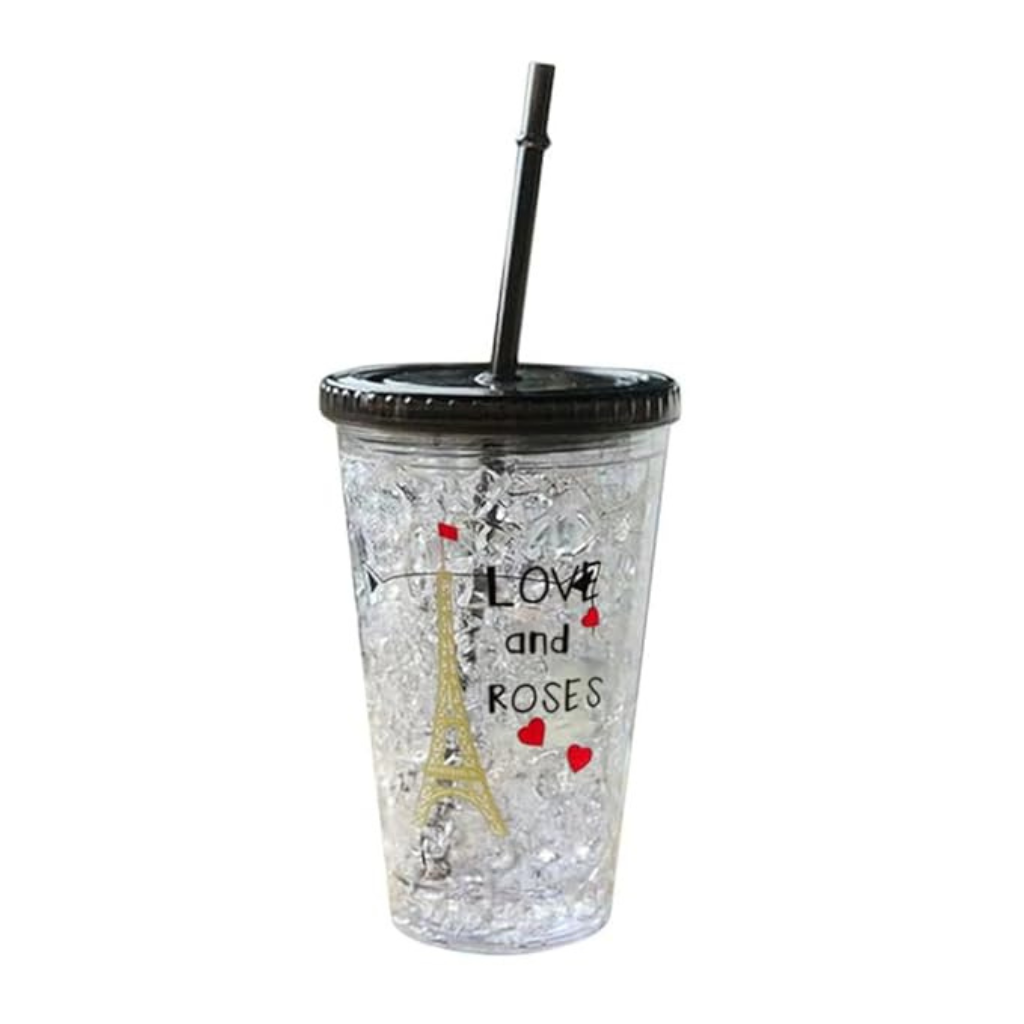 Nino's Acrylic Frosted Double Walled Sippers Glass, Ice Cup With Straw & Lid - 500 ml