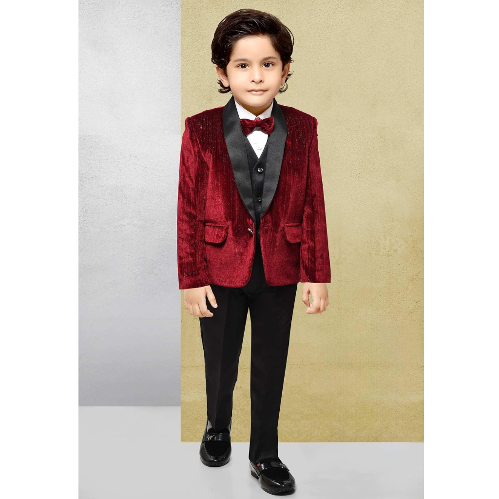 Maroon Velvet Tuxedo for Boys Full Sleeves 4 Piece Coat Suit