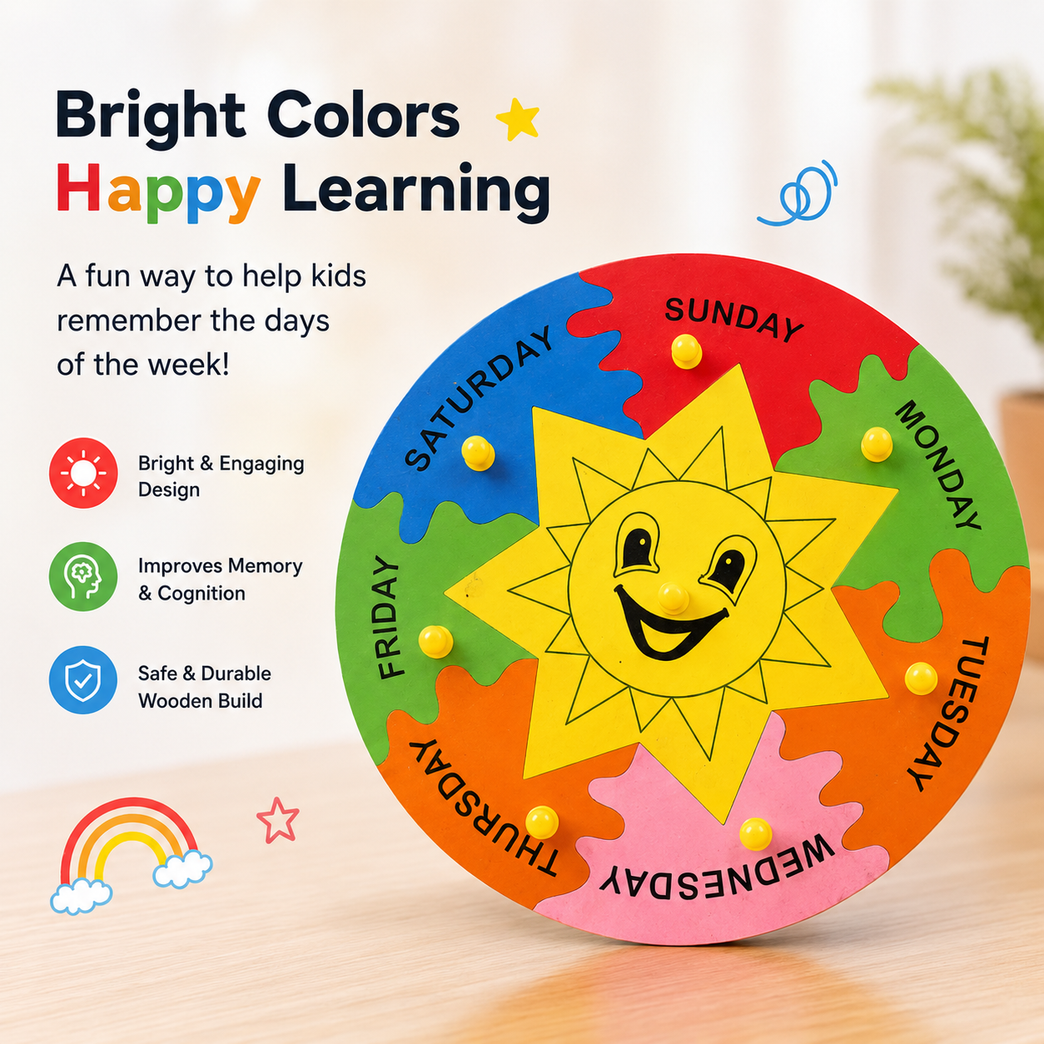 7 Days of the Week Wooden Learning Clock for Kids | Montessori Educational Calendar & Daily Routine Toy