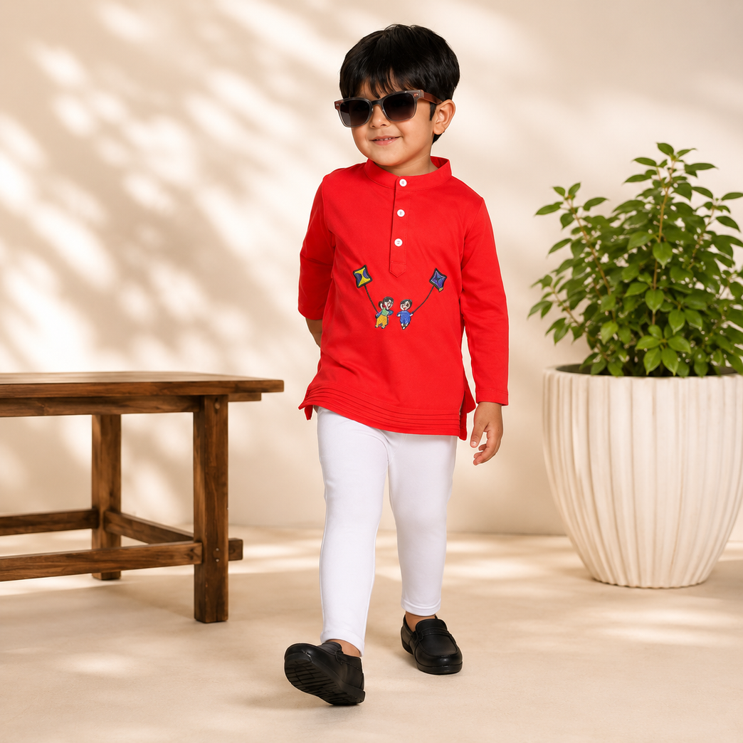 Ninos Boys Cotton Full Sleeves Festive Multidesign Party Kurta Pyjama Set- Red